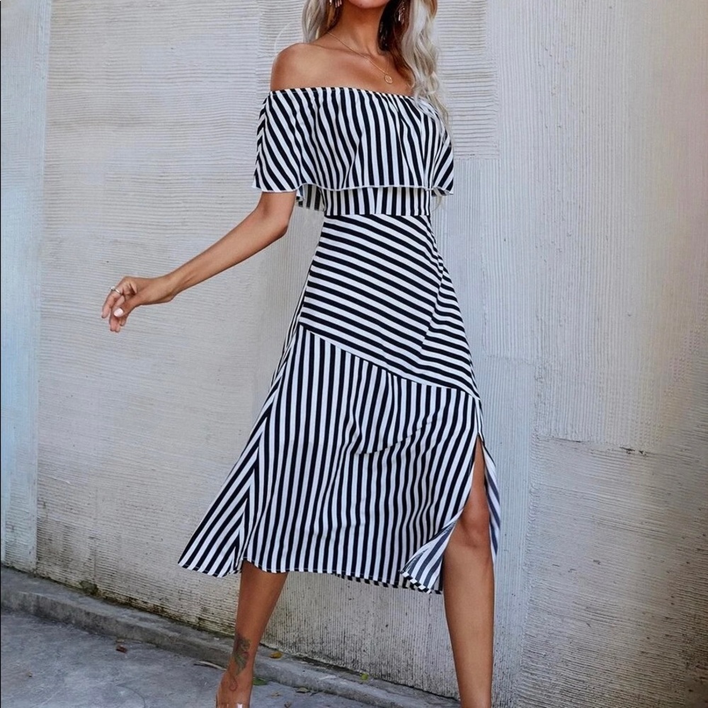 Striped Off the Shoulder Summer Dress (with slit)